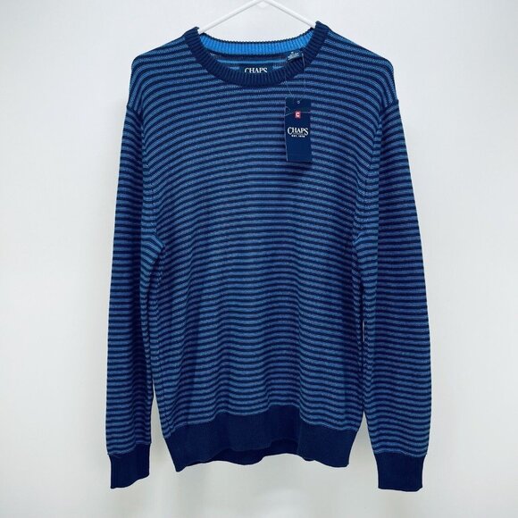 CHAPS Sweater Sz M Men's Blue Striped Crewneck Pullover 100% Cotton Embroidered - Picture 1 of 7